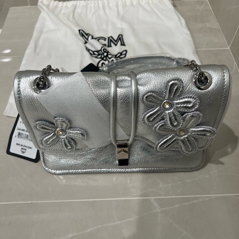 NWT MCM Small Leather Silver Floral Appliqué Bag